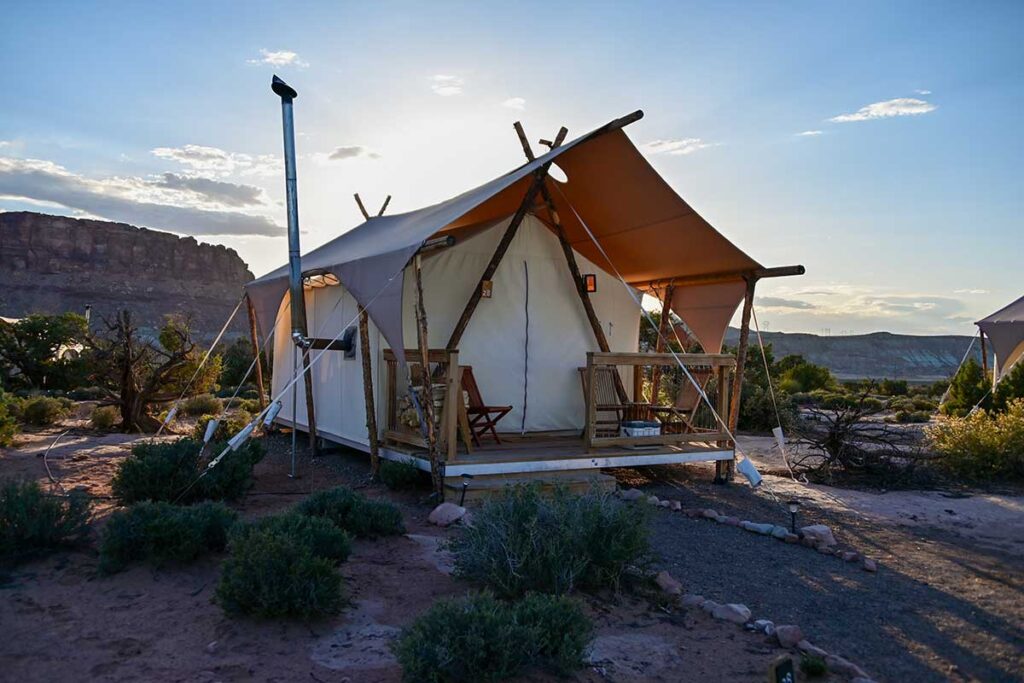 front of tent at Under the Canvas in Moab, Utah